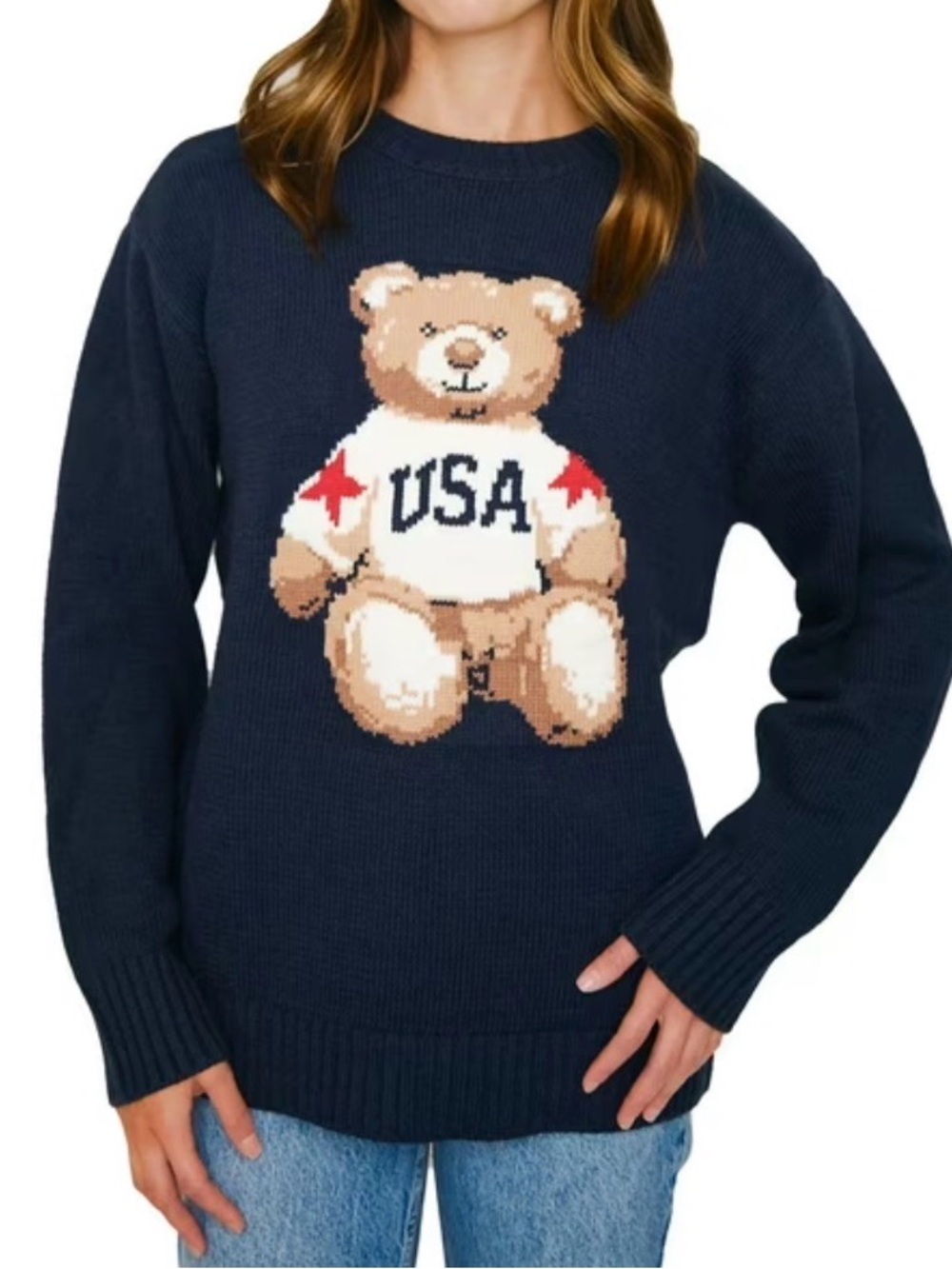 Mighty Fine Teddy Bear USA Sweater Womens XS Navy Knit Pullover NWT